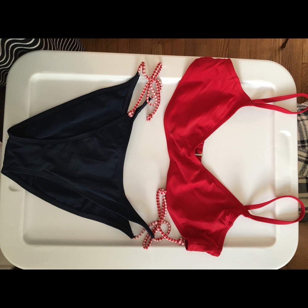 Tommy Hilfiger Junior M Swim Bikini Navy Blue w/ Red & White side ties. High Cut